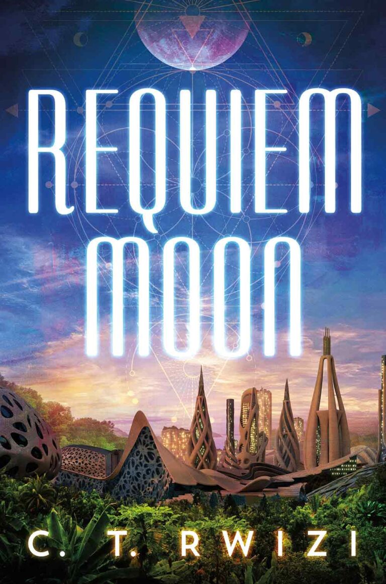 Book cover for C. T. Rwizi's "Requiem Moon", showing a futuristic city in lush jungle. A moon sits overhead and geometric patterns adorn the cover.